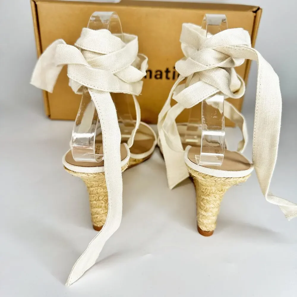 NWT Reformation Alessa Lace Up Cream Linen Wedge Espadrilles Shoes Size 9